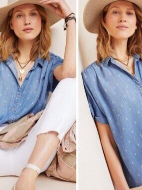 Anthropologie Cloth & Stone patterned soft denim short-sleeve button-down shirt